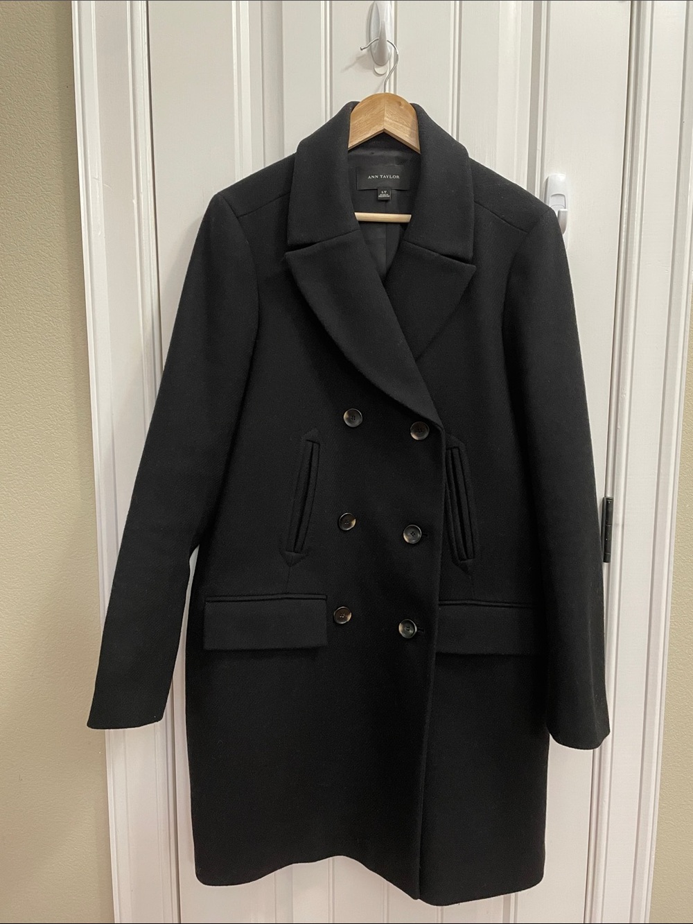 Ann Taylor Long Black Double-Breasted Wool Pea Coat